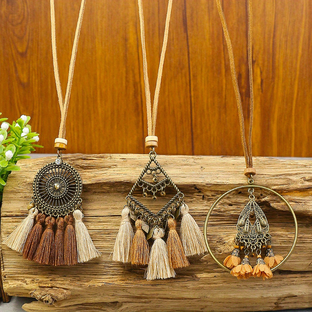Boho-Chic 3pcs Set: Vintage-Inspired Tassel & Flower Pendant Necklaces with Rhinestone Accents - Zinc Alloy, Antique Bronze Finish for Casual Attire