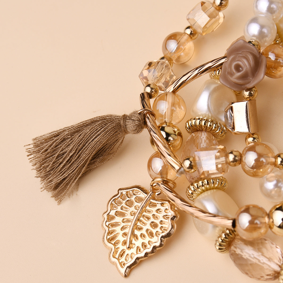 Leaf & Tassel Beaded Bracelet Kit Personality Bohemian Style Multilayer Hand Jewelry 4 Pcs