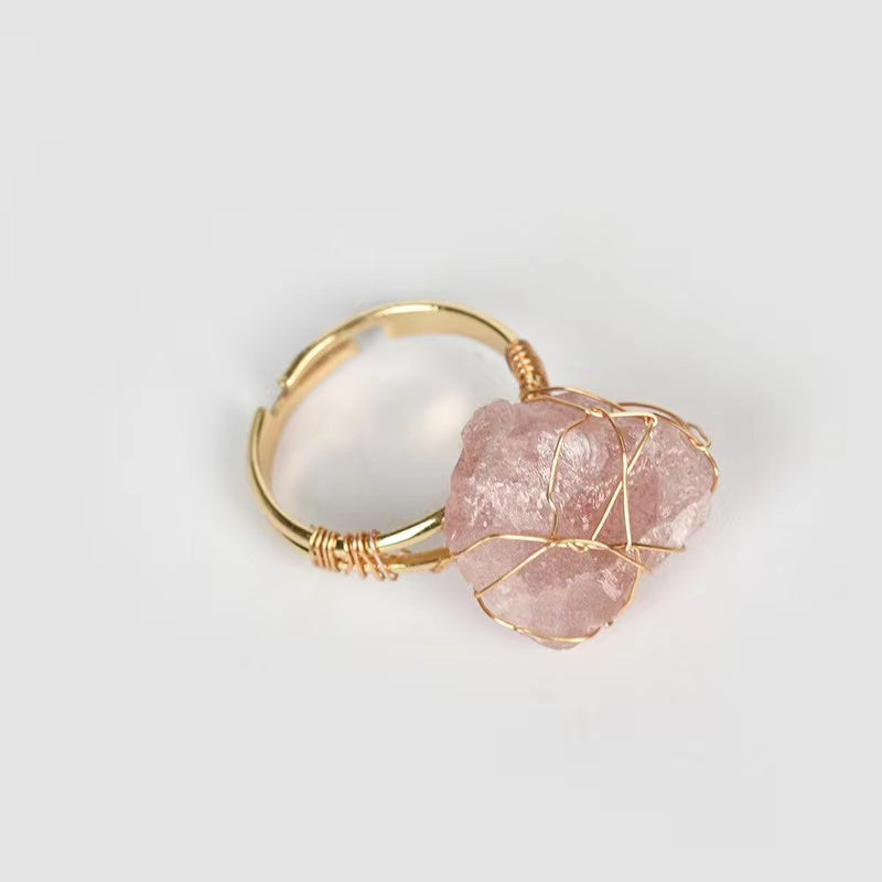 Adjustable Handcrafted Wire-Wrapped Natural Stone Ring - Unique Irregular Shape with Amethyst & Quartz, April Birthstone, Ideal for Daily Wear or Gifting, Natural Stone Beads