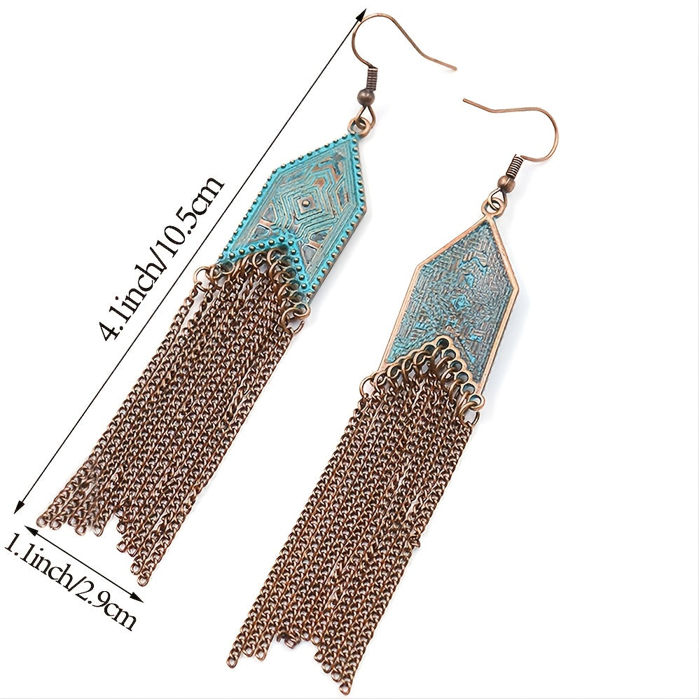 1 Pair Of Retro Style Bronze And Blue Geometric Chain Tassel Long Earrings Ethnic Style