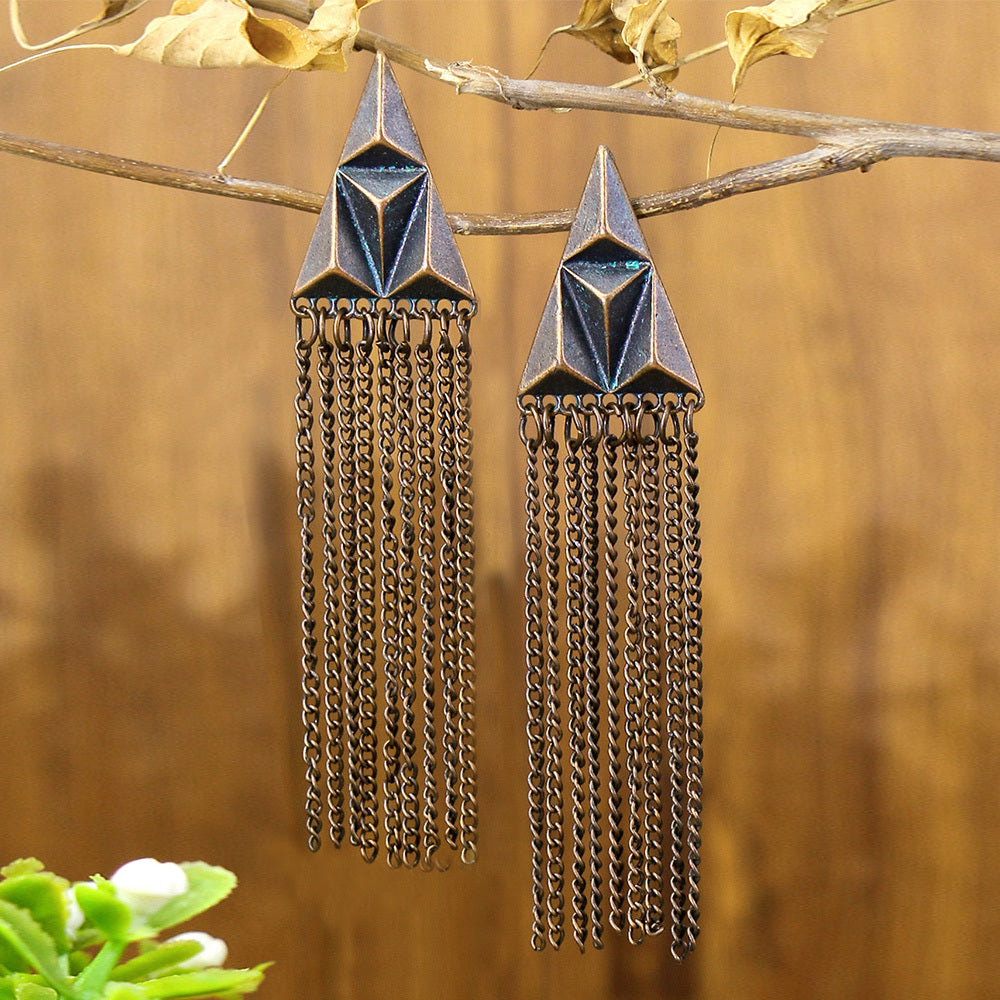 1 Pair Of Retro Style Bronze And Blue Geometric Chain Tassel Long Earrings Ethnic Style