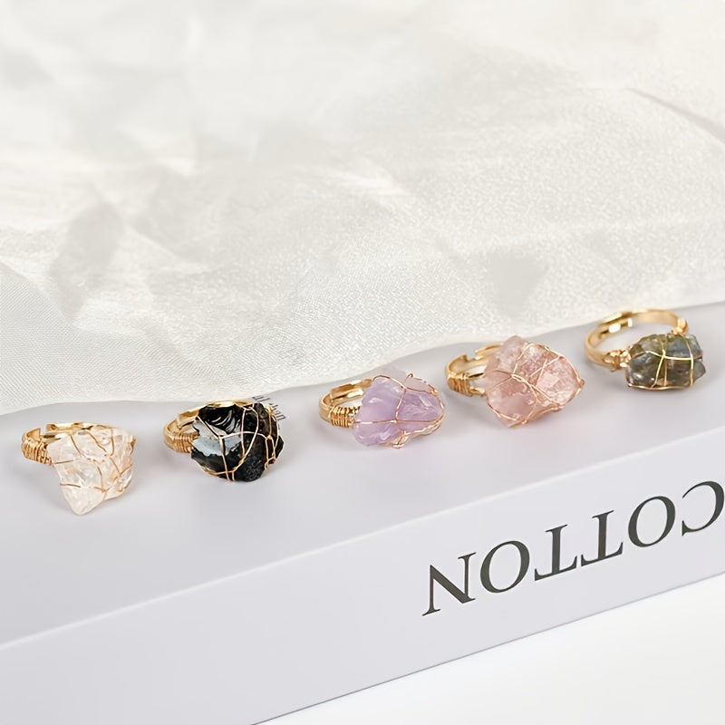 Adjustable Handcrafted Wire-Wrapped Natural Stone Ring - Unique Irregular Shape with Amethyst & Quartz, April Birthstone, Ideal for Daily Wear or Gifting, Natural Stone Beads