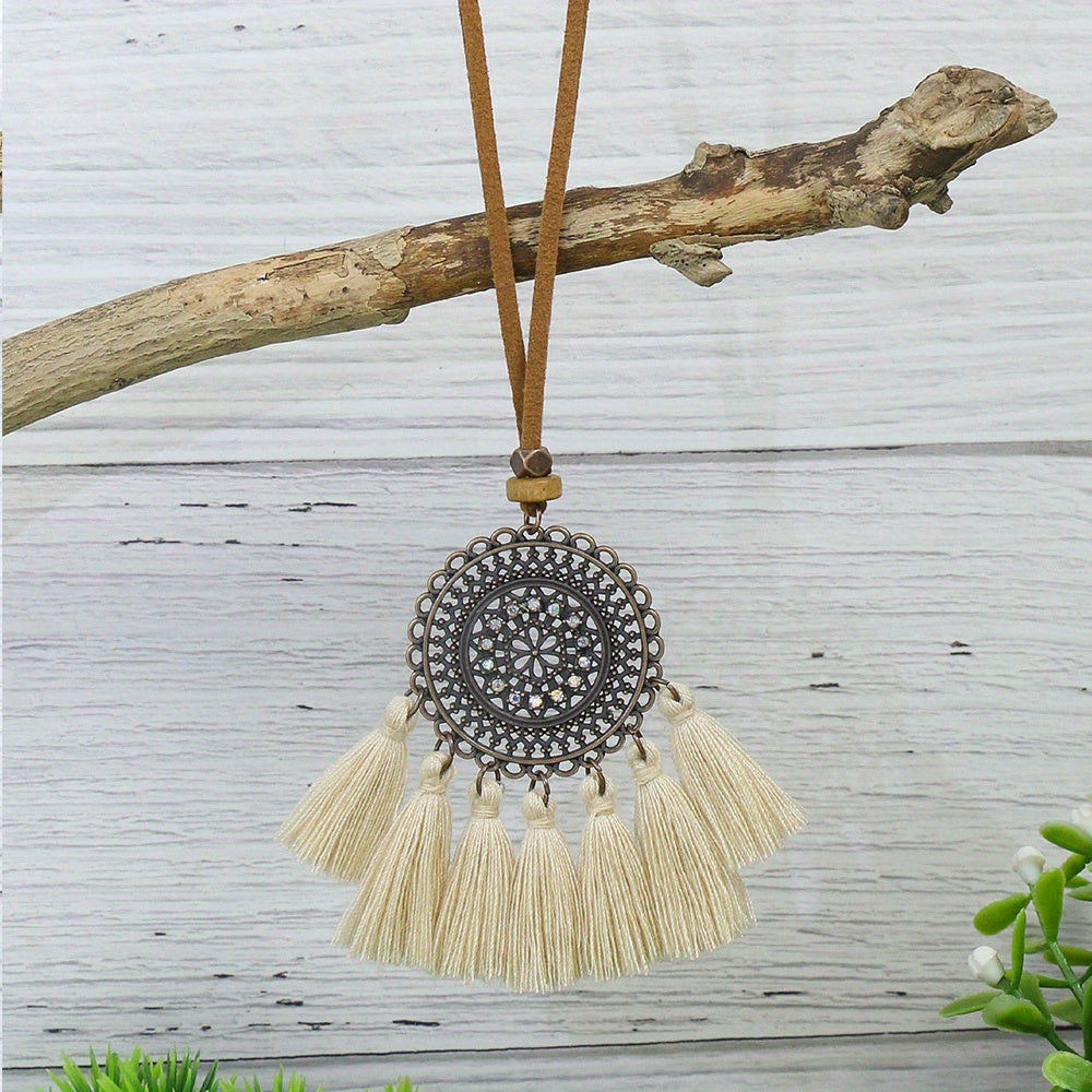Boho-Chic 3pcs Set: Vintage-Inspired Tassel & Flower Pendant Necklaces with Rhinestone Accents - Zinc Alloy, Antique Bronze Finish for Casual Attire