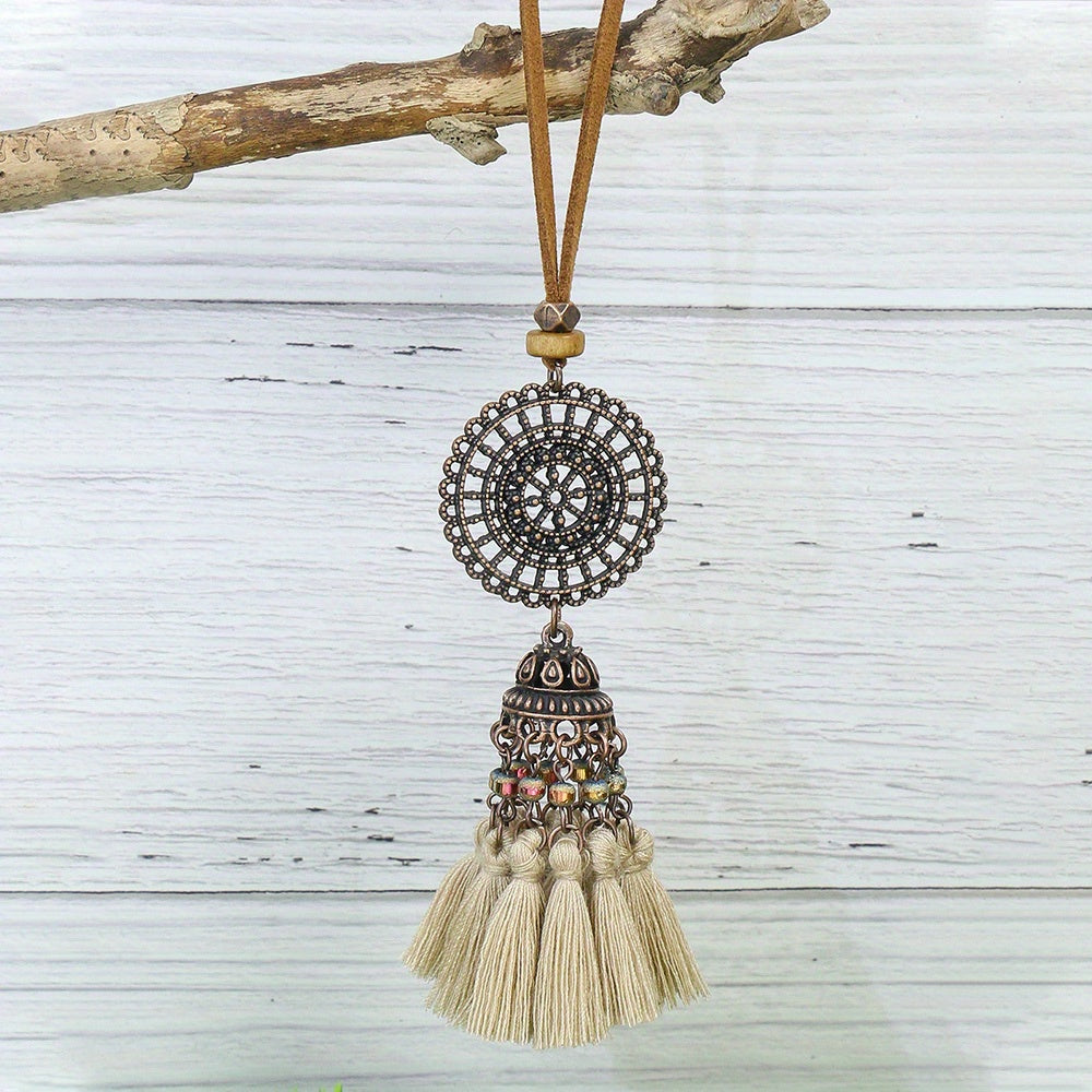 Boho-Chic 3pcs Set: Vintage-Inspired Tassel & Flower Pendant Necklaces with Rhinestone Accents - Zinc Alloy, Antique Bronze Finish for Casual Attire