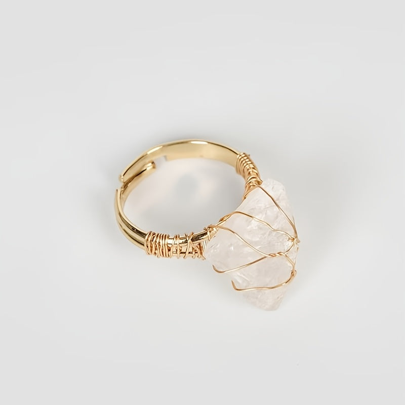 Adjustable Handcrafted Wire-Wrapped Natural Stone Ring - Unique Irregular Shape with Amethyst & Quartz, April Birthstone, Ideal for Daily Wear or Gifting, Natural Stone Beads