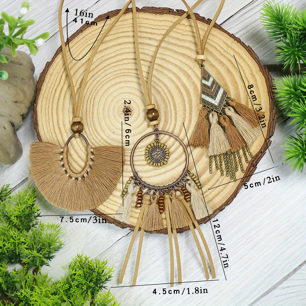 Boho-Chic 3pcs Set: Vintage-Inspired Tassel & Flower Pendant Necklaces with Rhinestone Accents - Zinc Alloy, Antique Bronze Finish for Casual Attire