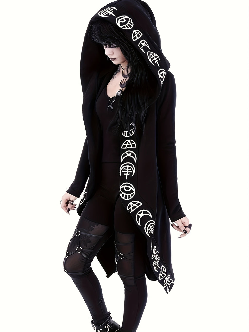 Enchanting Gothic Hooded Cardigan - Witchcraft-Inspired Design, Cozy Long Sleeves, Versatile for Casual Wear