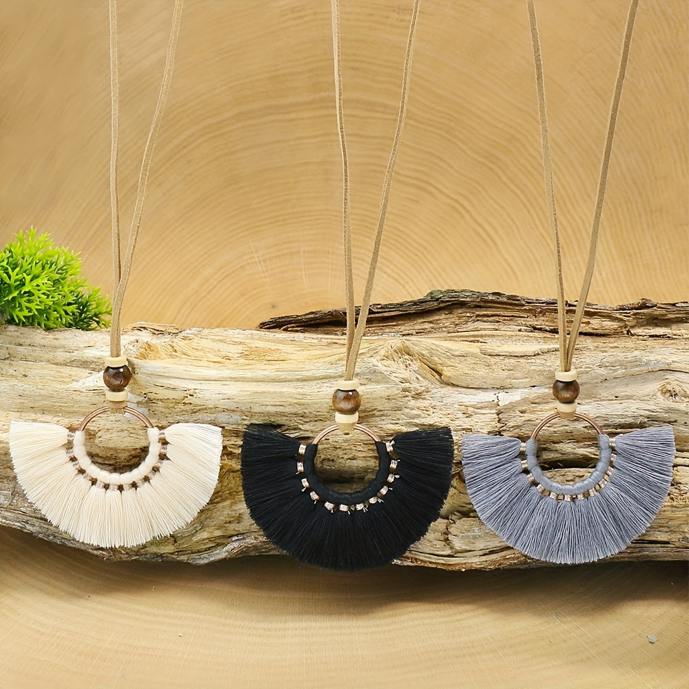 Boho-Chic 3pcs Set: Vintage-Inspired Tassel & Flower Pendant Necklaces with Rhinestone Accents - Zinc Alloy, Antique Bronze Finish for Casual Attire