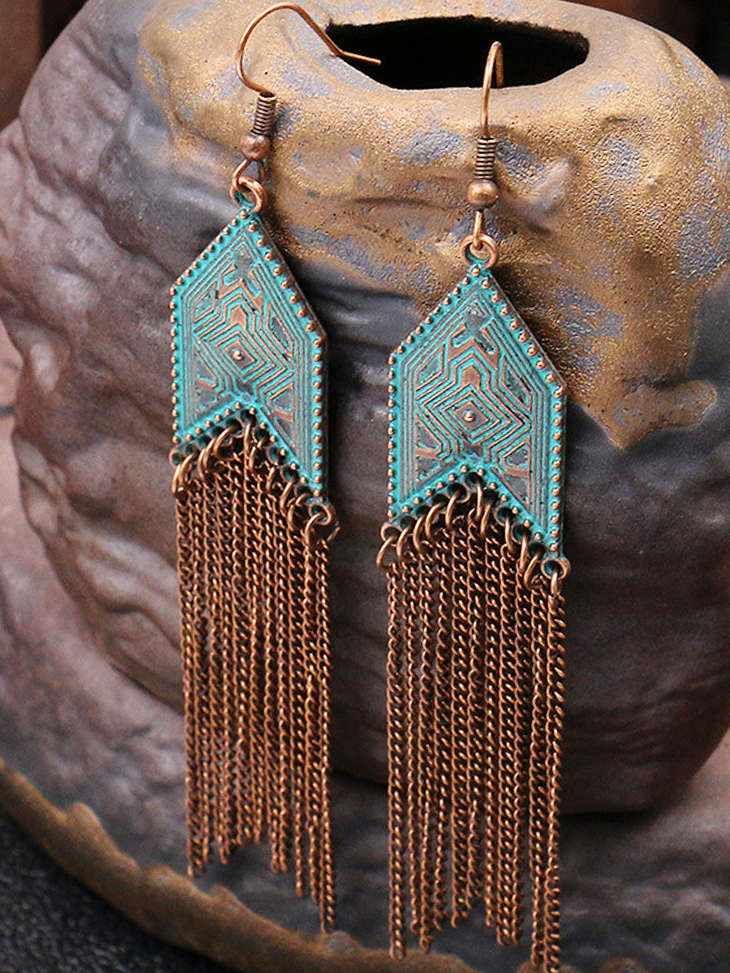 1 Pair Of Retro Style Bronze And Blue Geometric Chain Tassel Long Earrings Ethnic Style