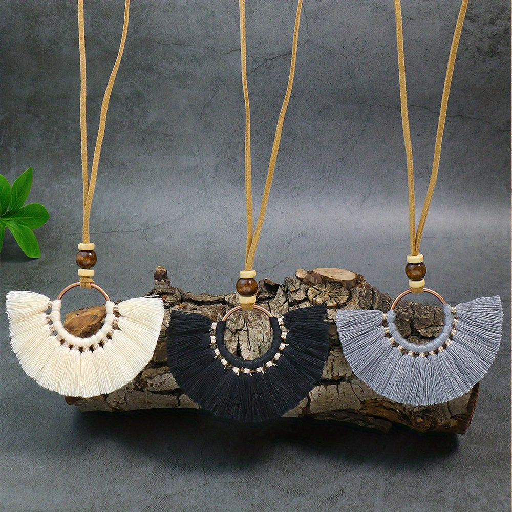 Boho-Chic 3pcs Set: Vintage-Inspired Tassel & Flower Pendant Necklaces with Rhinestone Accents - Zinc Alloy, Antique Bronze Finish for Casual Attire