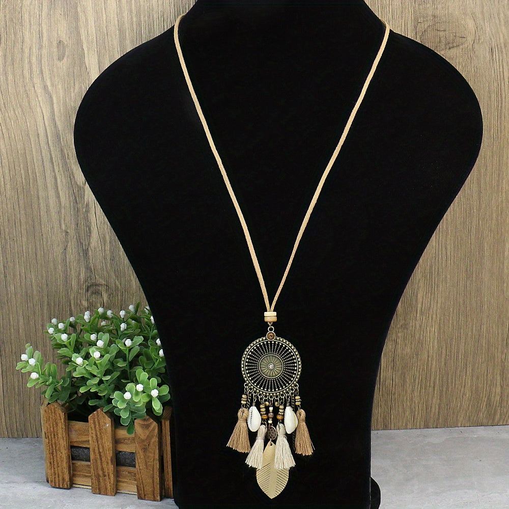 Boho-Chic 3pcs Set: Vintage-Inspired Tassel & Flower Pendant Necklaces with Rhinestone Accents - Zinc Alloy, Antique Bronze Finish for Casual Attire
