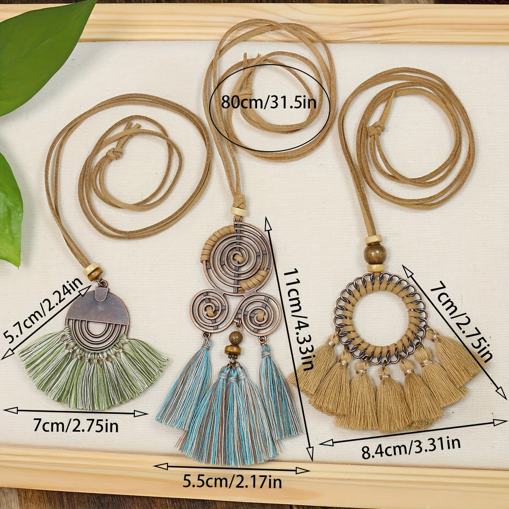 Boho-Chic 3pcs Set: Vintage-Inspired Tassel & Flower Pendant Necklaces with Rhinestone Accents - Zinc Alloy, Antique Bronze Finish for Casual Attire