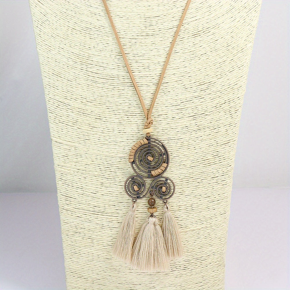Boho-Chic 3pcs Set: Vintage-Inspired Tassel & Flower Pendant Necklaces with Rhinestone Accents - Zinc Alloy, Antique Bronze Finish for Casual Attire