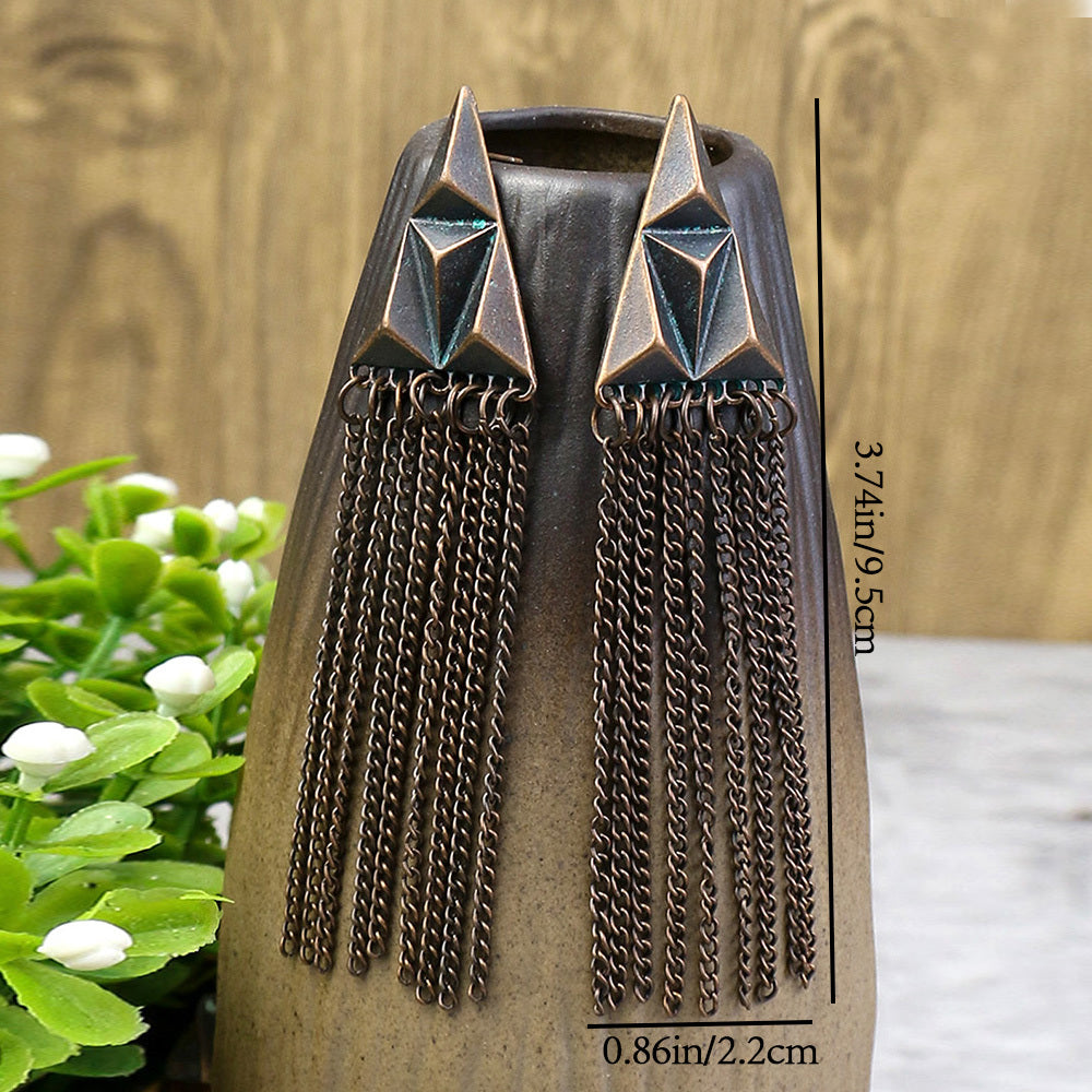 1 Pair Of Retro Style Bronze And Blue Geometric Chain Tassel Long Earrings Ethnic Style