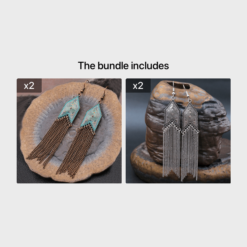 1 Pair Of Retro Style Bronze And Blue Geometric Chain Tassel Long Earrings Ethnic Style