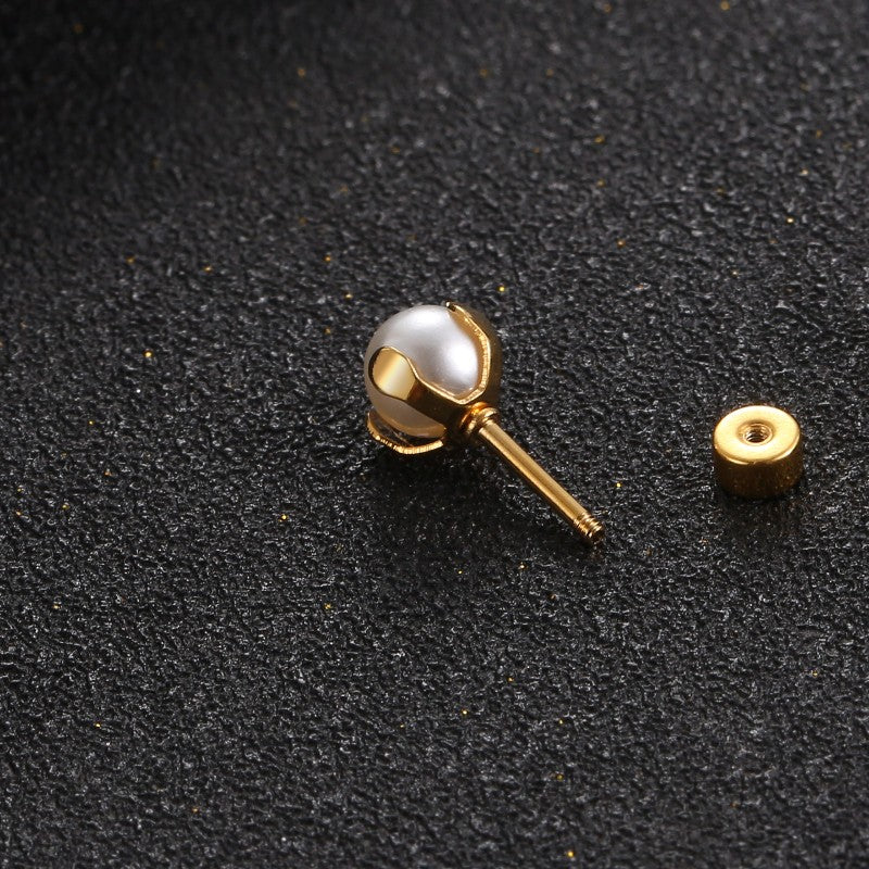 Pair of Elegant Stainless Steel Stud Earrings with Classic Pearl Accent - Simple, Chic Design for Daily Wear, Golden-Tone Metal, Cute Earrings