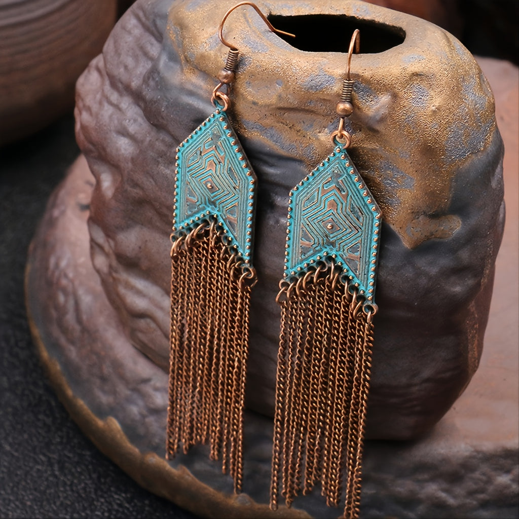 1 Pair Of Retro Style Bronze And Blue Geometric Chain Tassel Long Earrings Ethnic Style