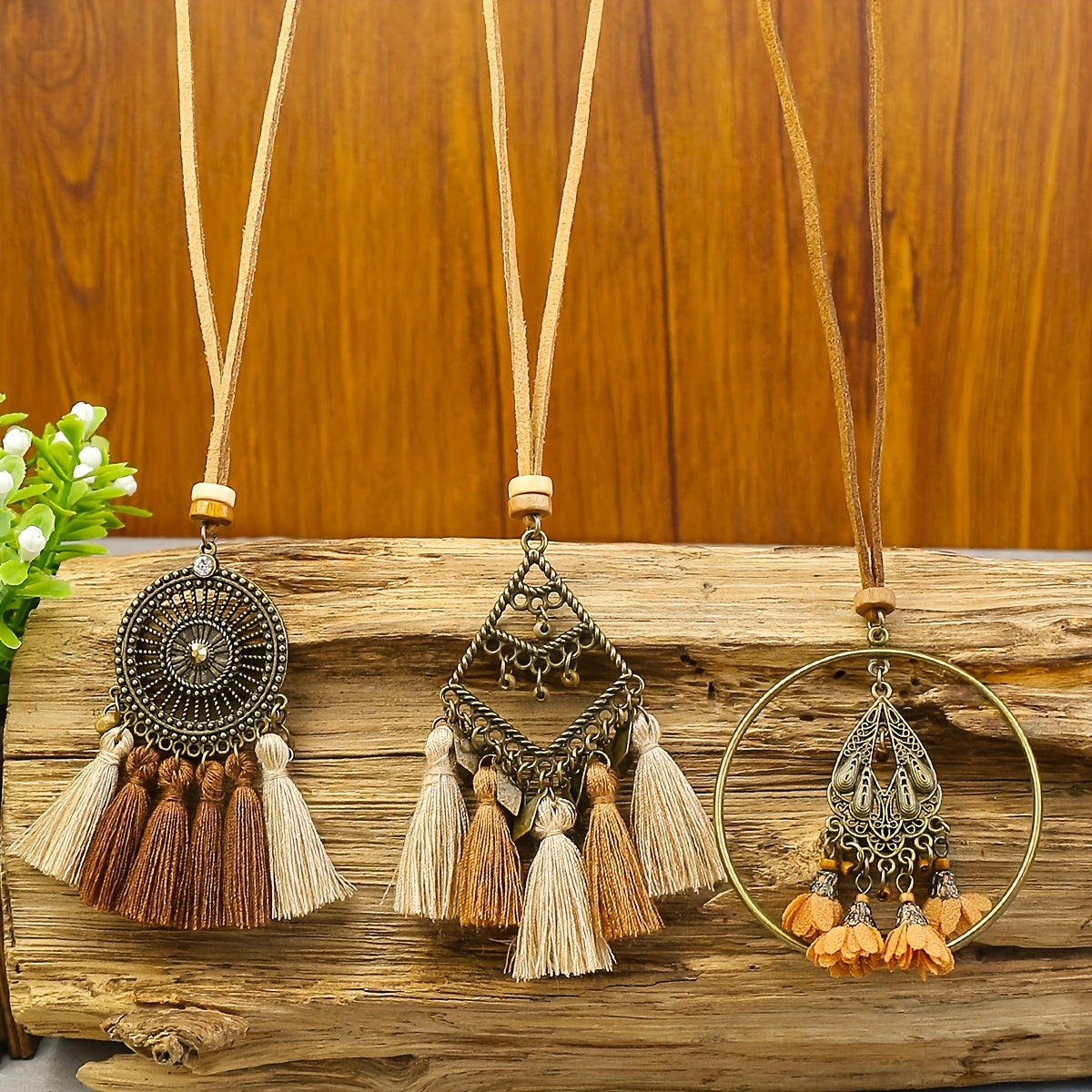Boho-Chic 3pcs Set: Vintage-Inspired Tassel & Flower Pendant Necklaces with Rhinestone Accents - Zinc Alloy, Antique Bronze Finish for Casual Attire