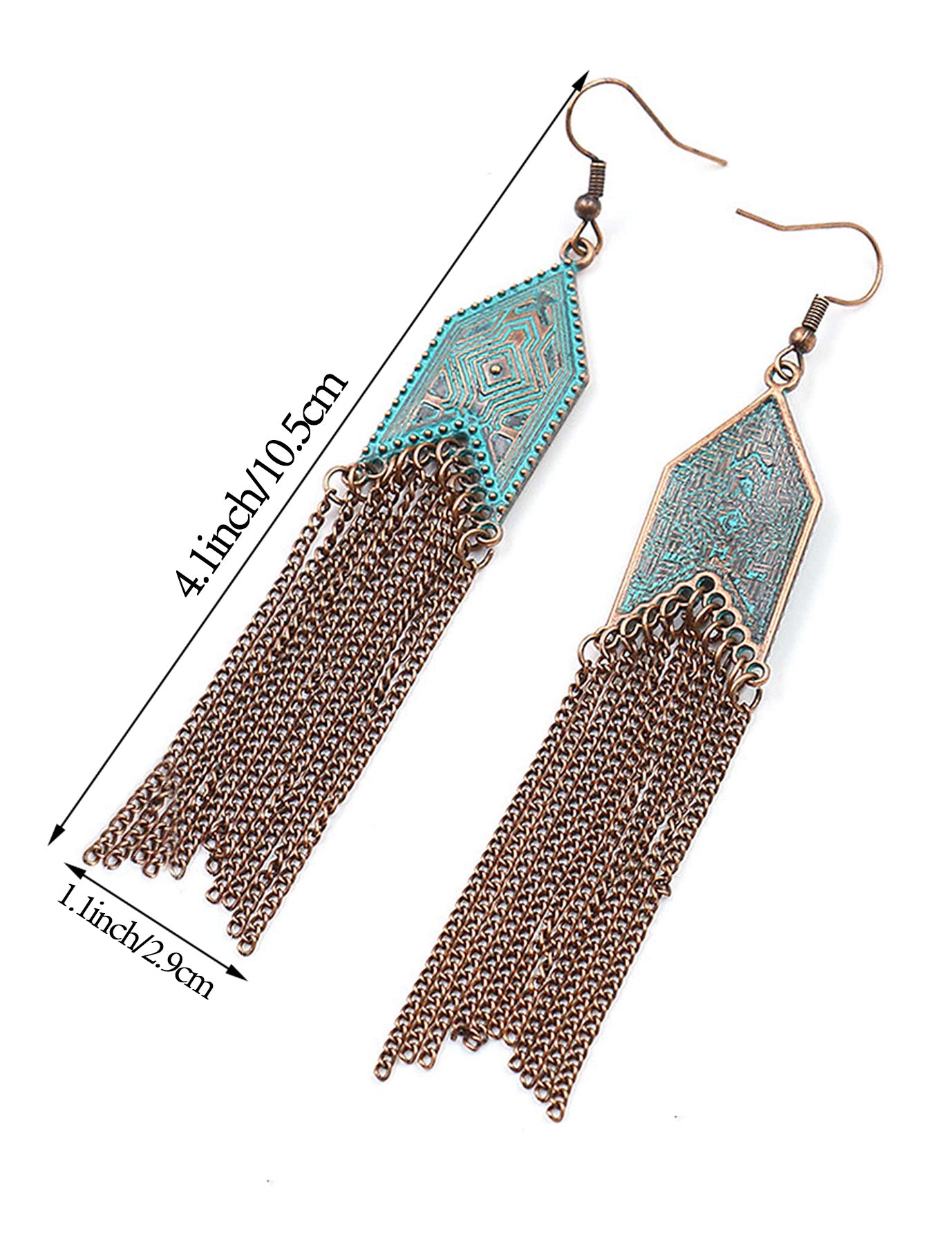 1 Pair Of Retro Style Bronze And Blue Geometric Chain Tassel Long Earrings Ethnic Style