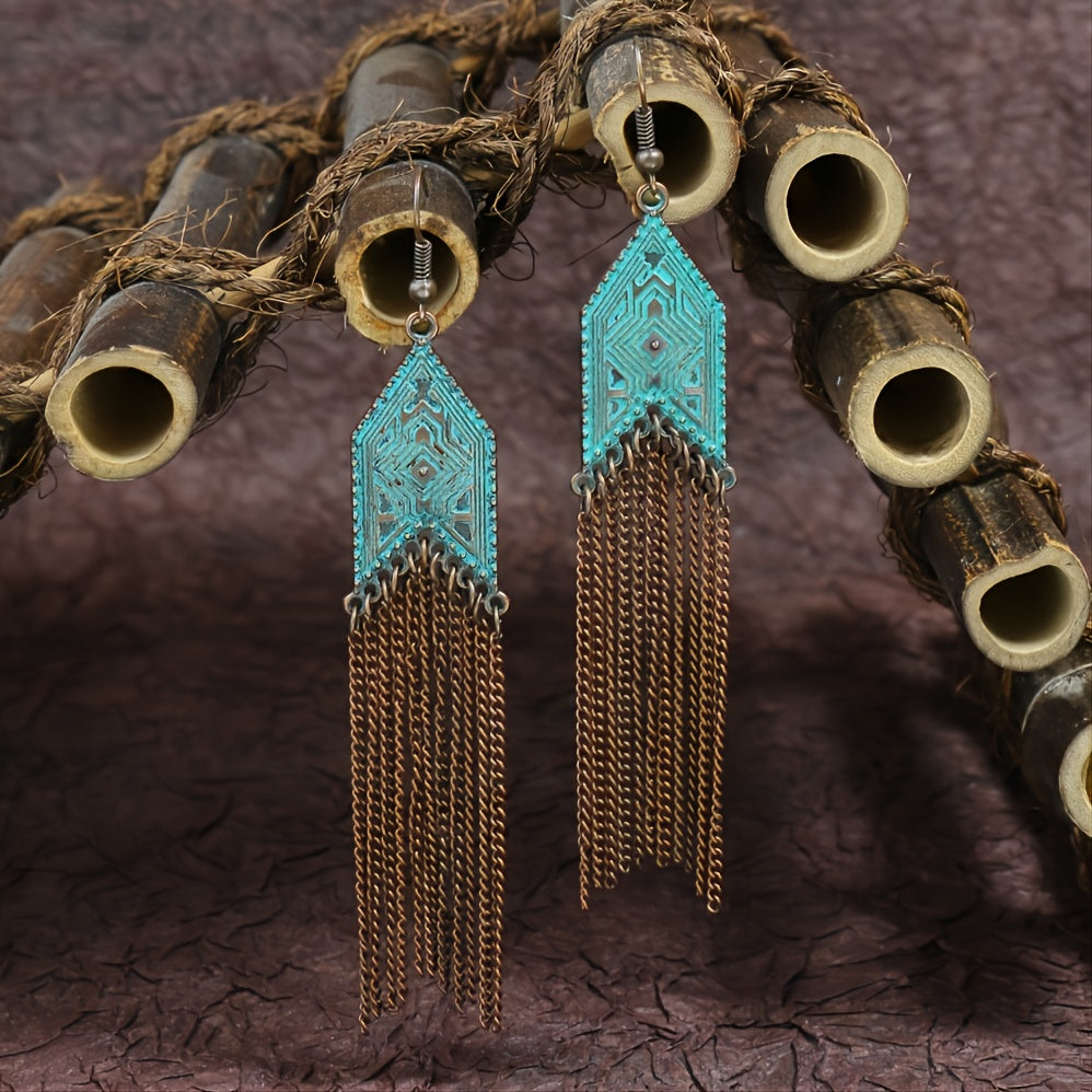 1 Pair Of Retro Style Bronze And Blue Geometric Chain Tassel Long Earrings Ethnic Style