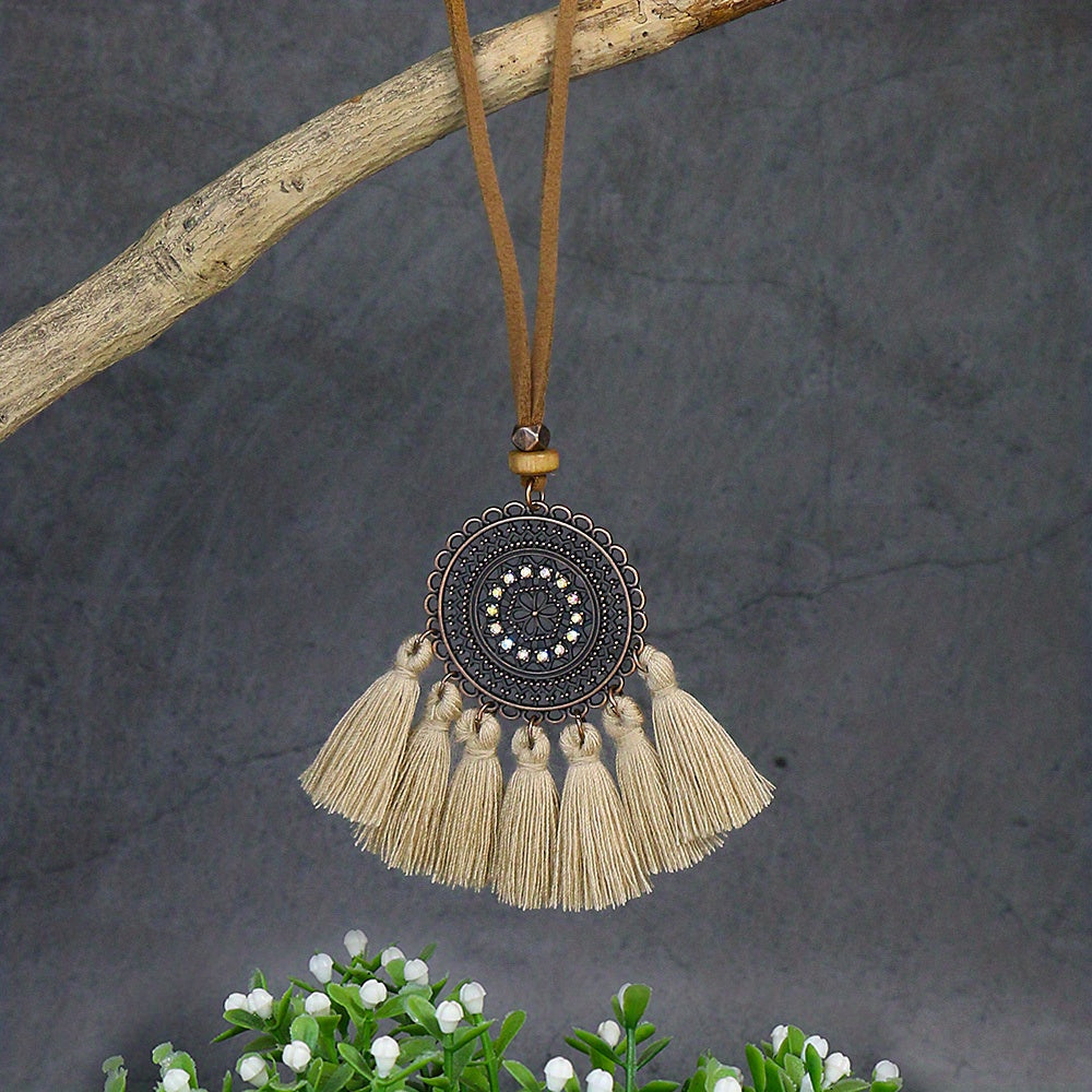 Boho-Chic 3pcs Set: Vintage-Inspired Tassel & Flower Pendant Necklaces with Rhinestone Accents - Zinc Alloy, Antique Bronze Finish for Casual Attire