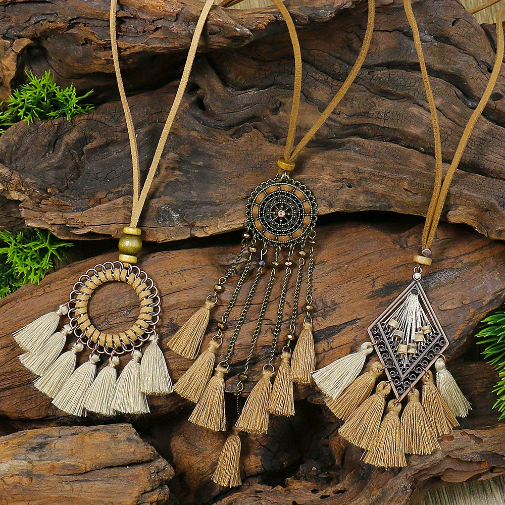 Boho-Chic 3pcs Set: Vintage-Inspired Tassel & Flower Pendant Necklaces with Rhinestone Accents - Zinc Alloy, Antique Bronze Finish for Casual Attire