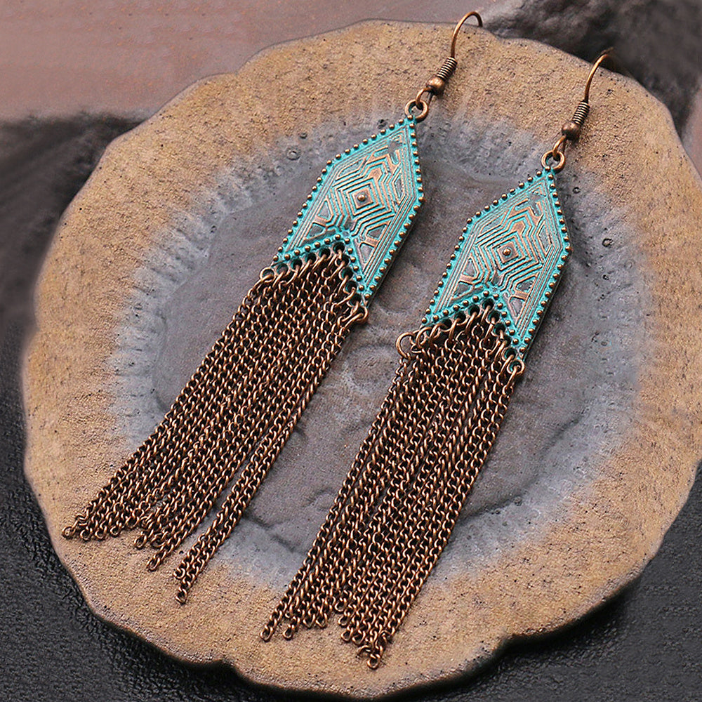 1 Pair Of Retro Style Bronze And Blue Geometric Chain Tassel Long Earrings Ethnic Style
