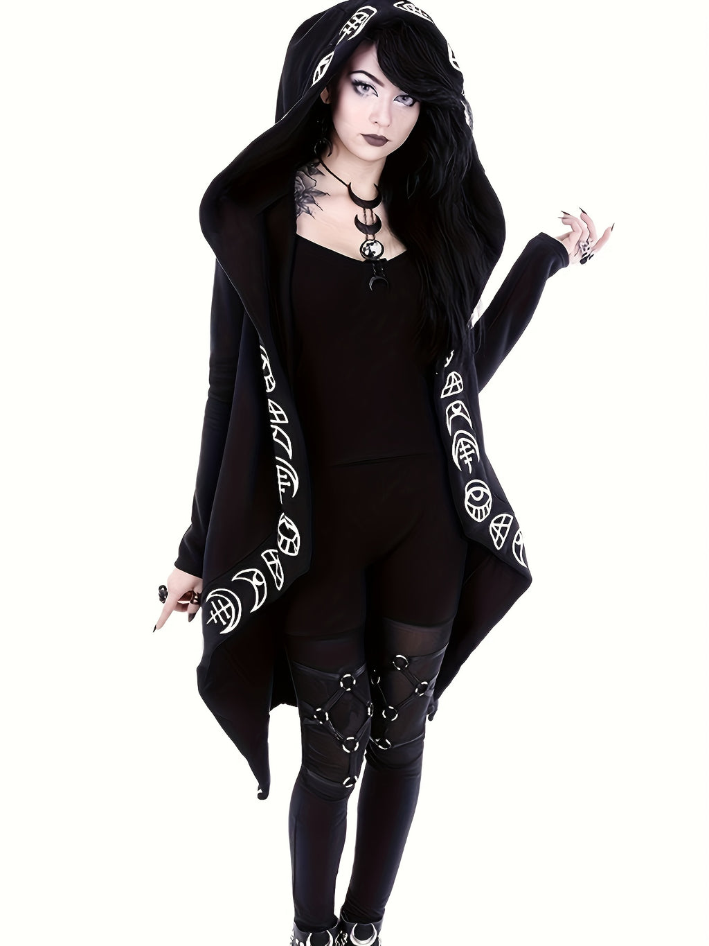 Enchanting Gothic Hooded Cardigan - Witchcraft-Inspired Design, Cozy Long Sleeves, Versatile for Casual Wear
