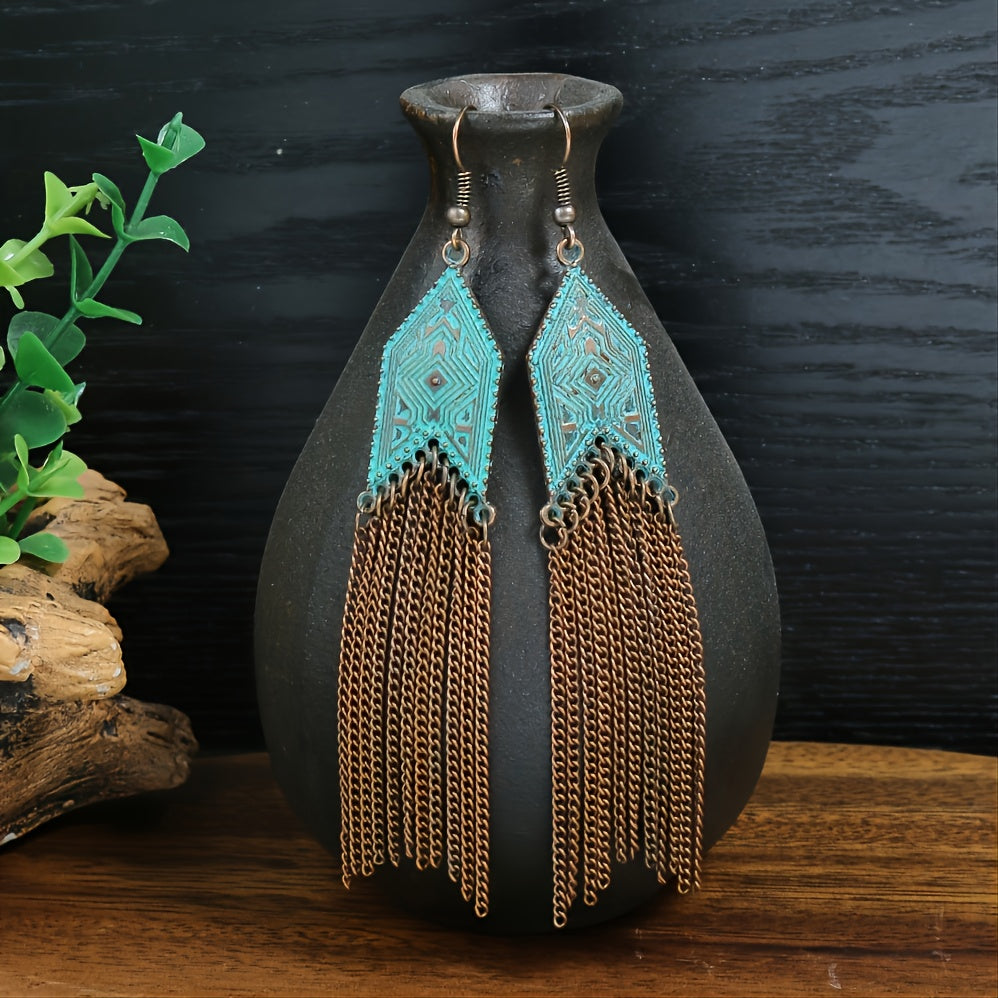 1 Pair Of Retro Style Bronze And Blue Geometric Chain Tassel Long Earrings Ethnic Style