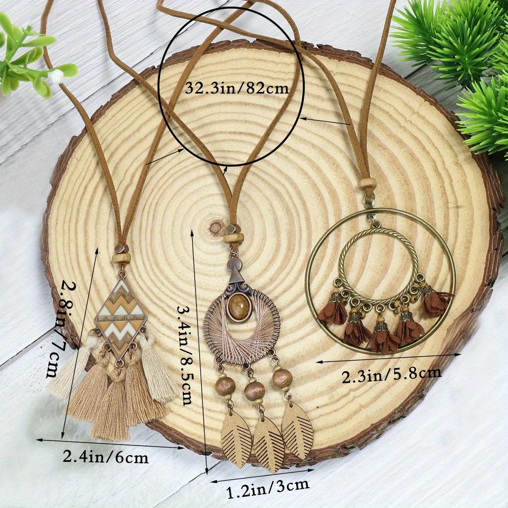 Boho-Chic 3pcs Set: Vintage-Inspired Tassel & Flower Pendant Necklaces with Rhinestone Accents - Zinc Alloy, Antique Bronze Finish for Casual Attire