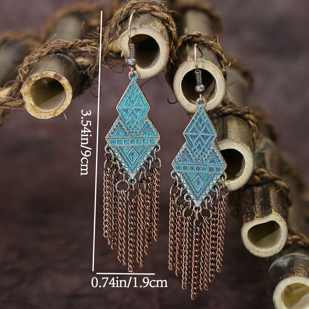 1 Pair Of Retro Style Bronze And Blue Geometric Chain Tassel Long Earrings Ethnic Style