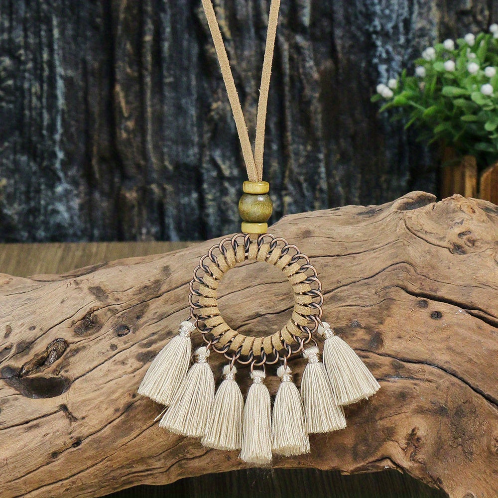 Boho-Chic 3pcs Set: Vintage-Inspired Tassel & Flower Pendant Necklaces with Rhinestone Accents - Zinc Alloy, Antique Bronze Finish for Casual Attire