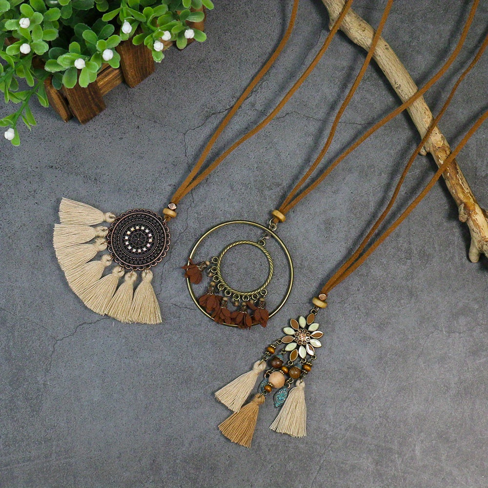 Boho-Chic 3pcs Set: Vintage-Inspired Tassel & Flower Pendant Necklaces with Rhinestone Accents - Zinc Alloy, Antique Bronze Finish for Casual Attire