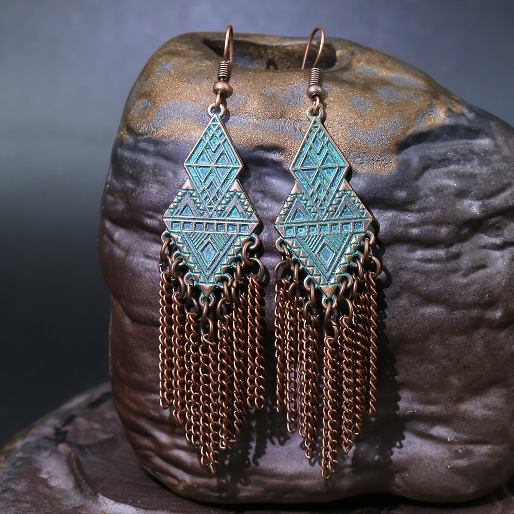 1 Pair Of Retro Style Bronze And Blue Geometric Chain Tassel Long Earrings Ethnic Style
