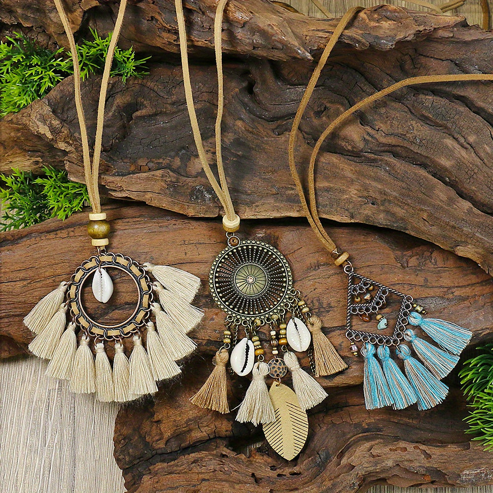 Boho-Chic 3pcs Set: Vintage-Inspired Tassel & Flower Pendant Necklaces with Rhinestone Accents - Zinc Alloy, Antique Bronze Finish for Casual Attire
