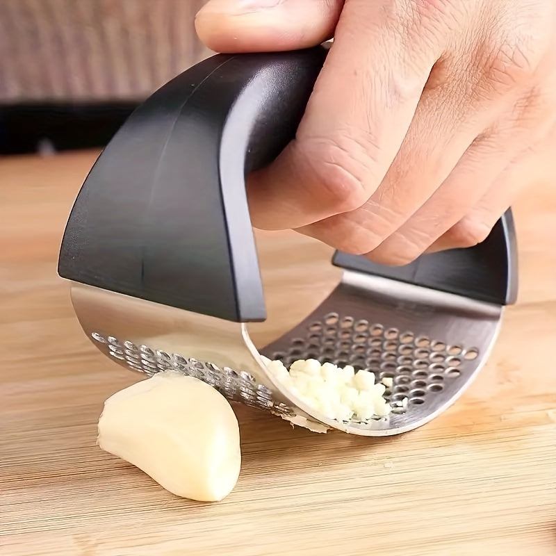 Stainless Steel Manual Garlic Press with Ergonomic Black Handle - Multi-Functional Kitchen Tool for Crushing Garlic, No Electricity Needed, Durable & Easy to Clean, Garlic Crusher