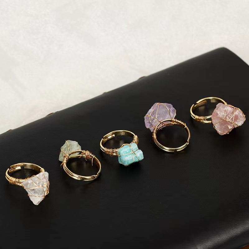 Adjustable Handcrafted Wire-Wrapped Natural Stone Ring - Unique Irregular Shape with Amethyst & Quartz, April Birthstone, Ideal for Daily Wear or Gifting, Natural Stone Beads