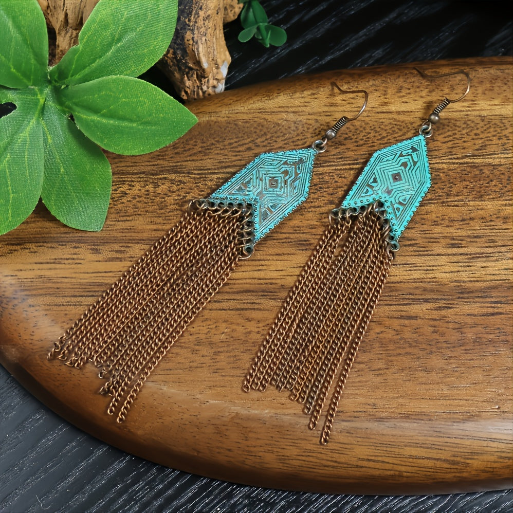 1 Pair Of Retro Style Bronze And Blue Geometric Chain Tassel Long Earrings Ethnic Style