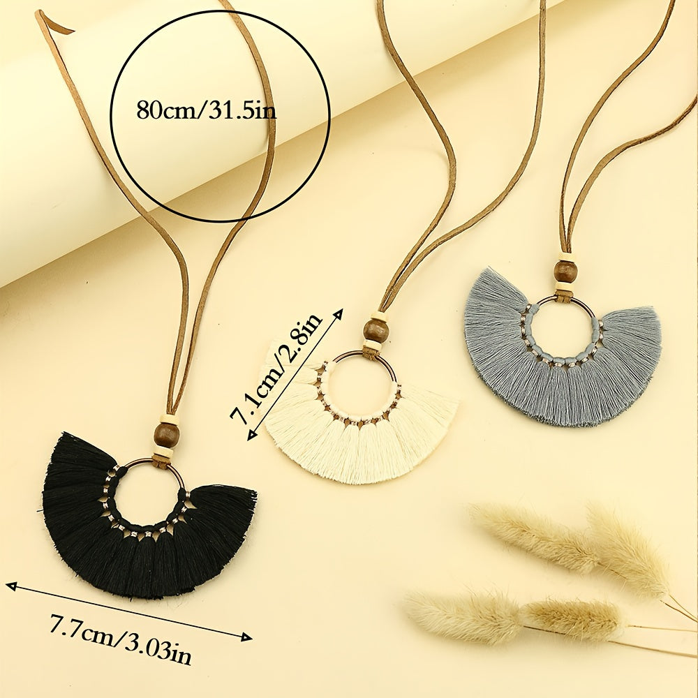 Boho-Chic 3pcs Set: Vintage-Inspired Tassel & Flower Pendant Necklaces with Rhinestone Accents - Zinc Alloy, Antique Bronze Finish for Casual Attire