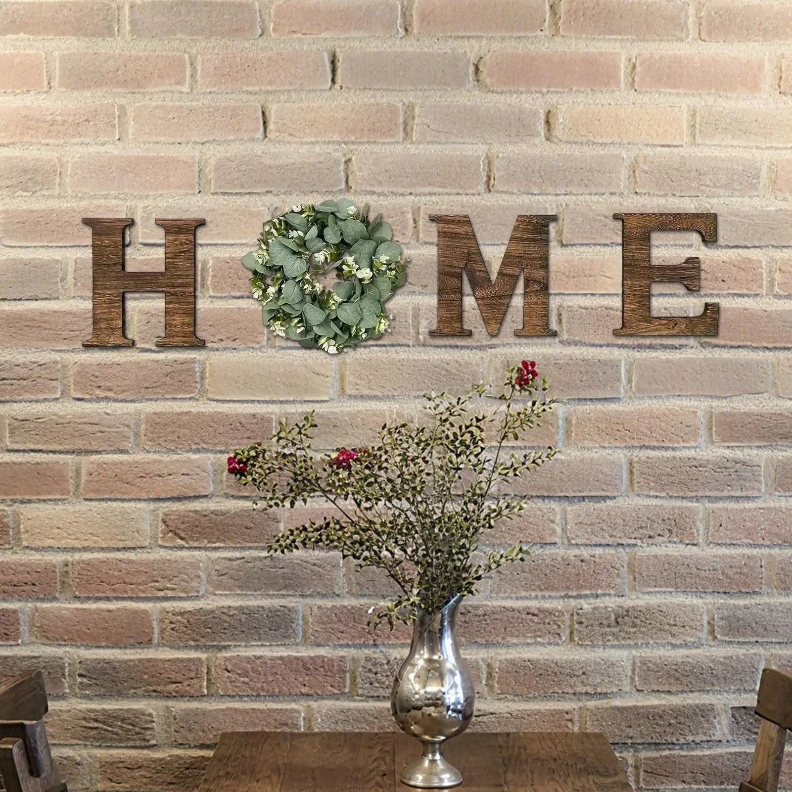 Wooden “HOME” Wall Sign with Faux Eucalyptus Wreath – Rustic Farmhouse Wall Decor for Kitchen & Living Room