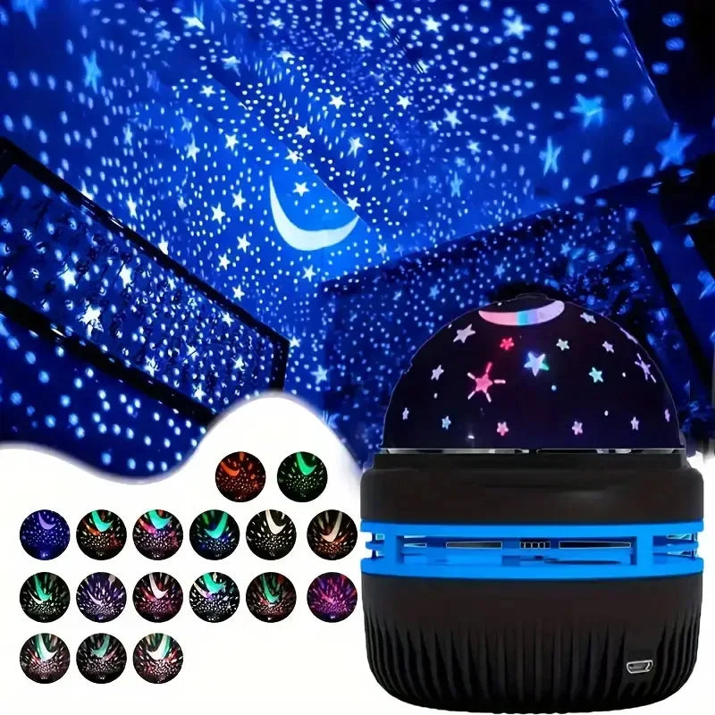 LED Starry Sky Projector Lamp – USB Rotating Night Light with Moon & Star Effects for Christmas & Home Room Decor