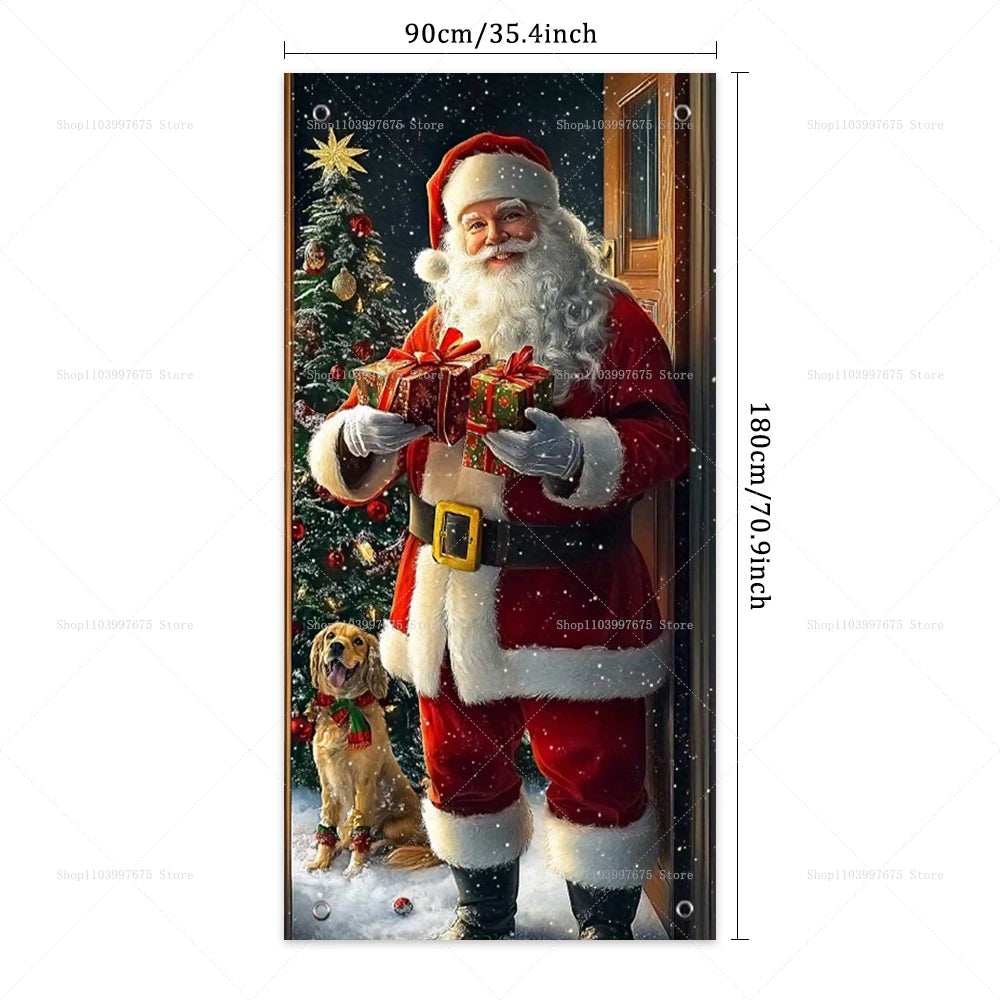Christmas Decorations Santa Claus Door Banner Xmas Tree Gift Backdrop for Christmas Eve Indoor Outdoor Porch Background Decor
