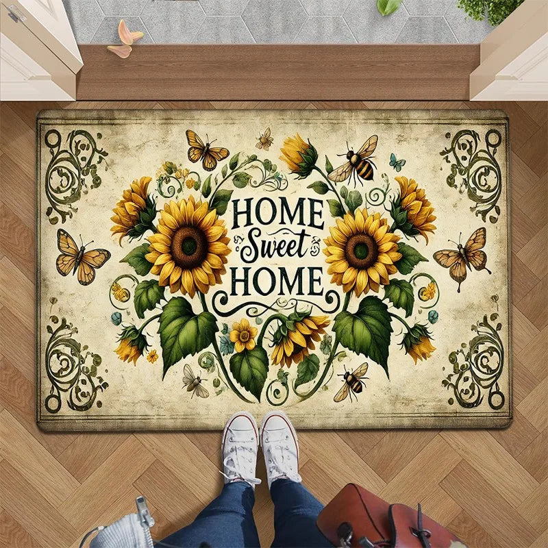 Vintage Sunflower "Home Sweet Home" Non-Slip Floor Mat - Indoor and Outdoor Absorbent Floor Mat, Perfect for Home Decor