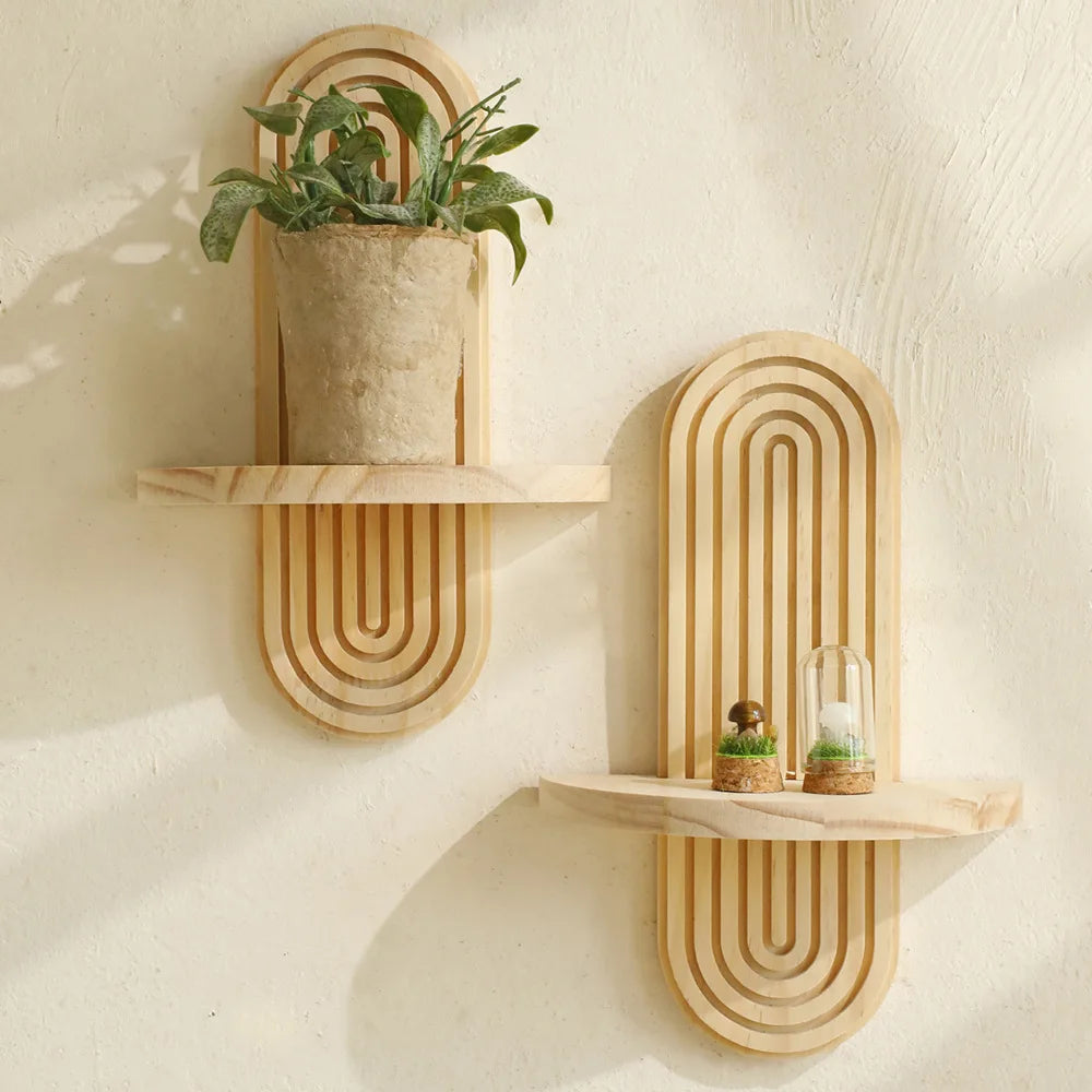 Boho Wooden Wall-Mounted Shelves – Geometric Plant Display Shelves with Natural Finish for Modern Home Decor