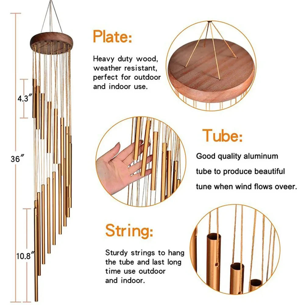 1Piece 12-Tube Aluminum Alloy Wind Chimes Set with Hook Gold/Silver Bells Outdoor Home Wedding Party Memorial Decoration Gifts