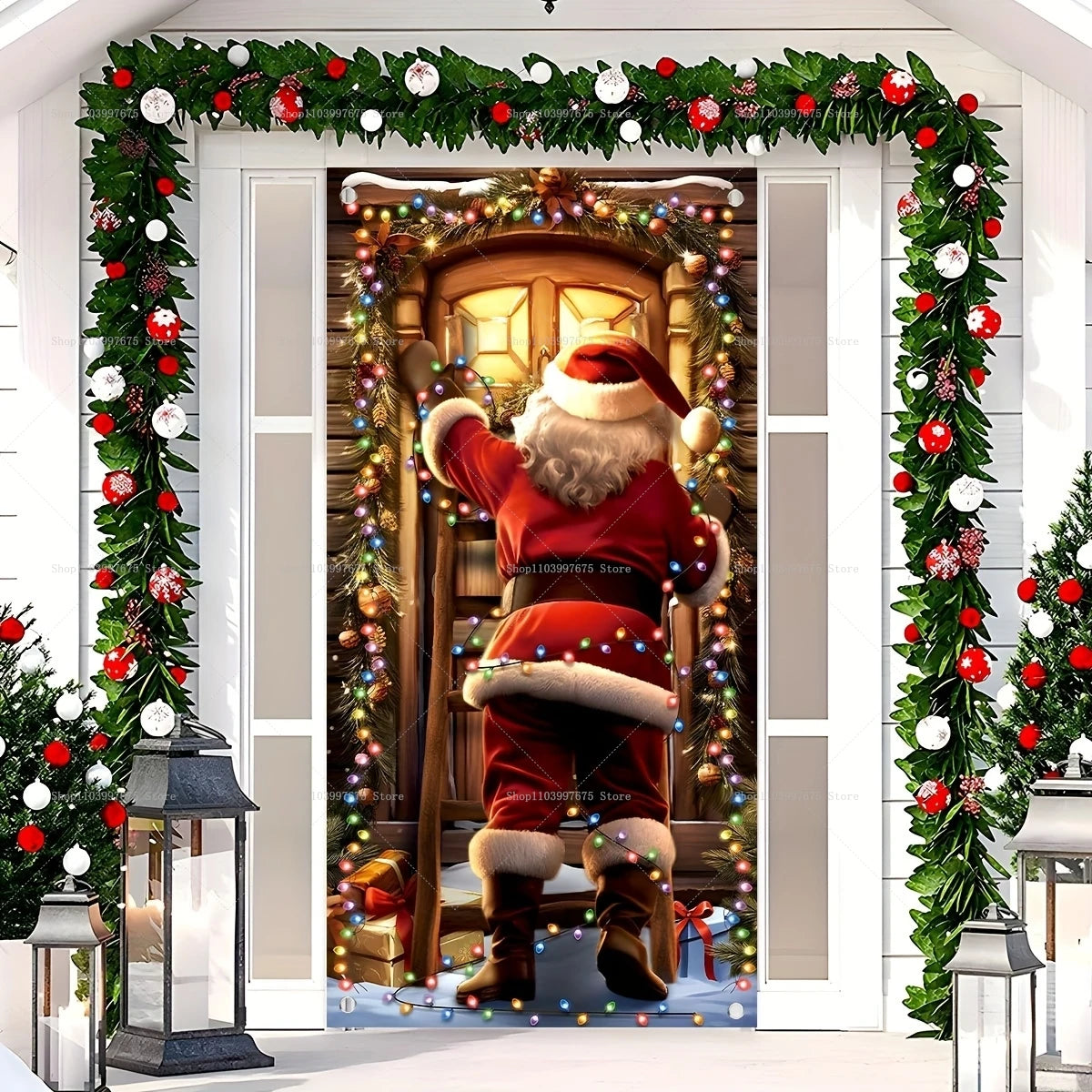 Christmas Decorations Santa Claus Door Banner Xmas Tree Gift Backdrop for Christmas Eve Indoor Outdoor Porch Background Decor