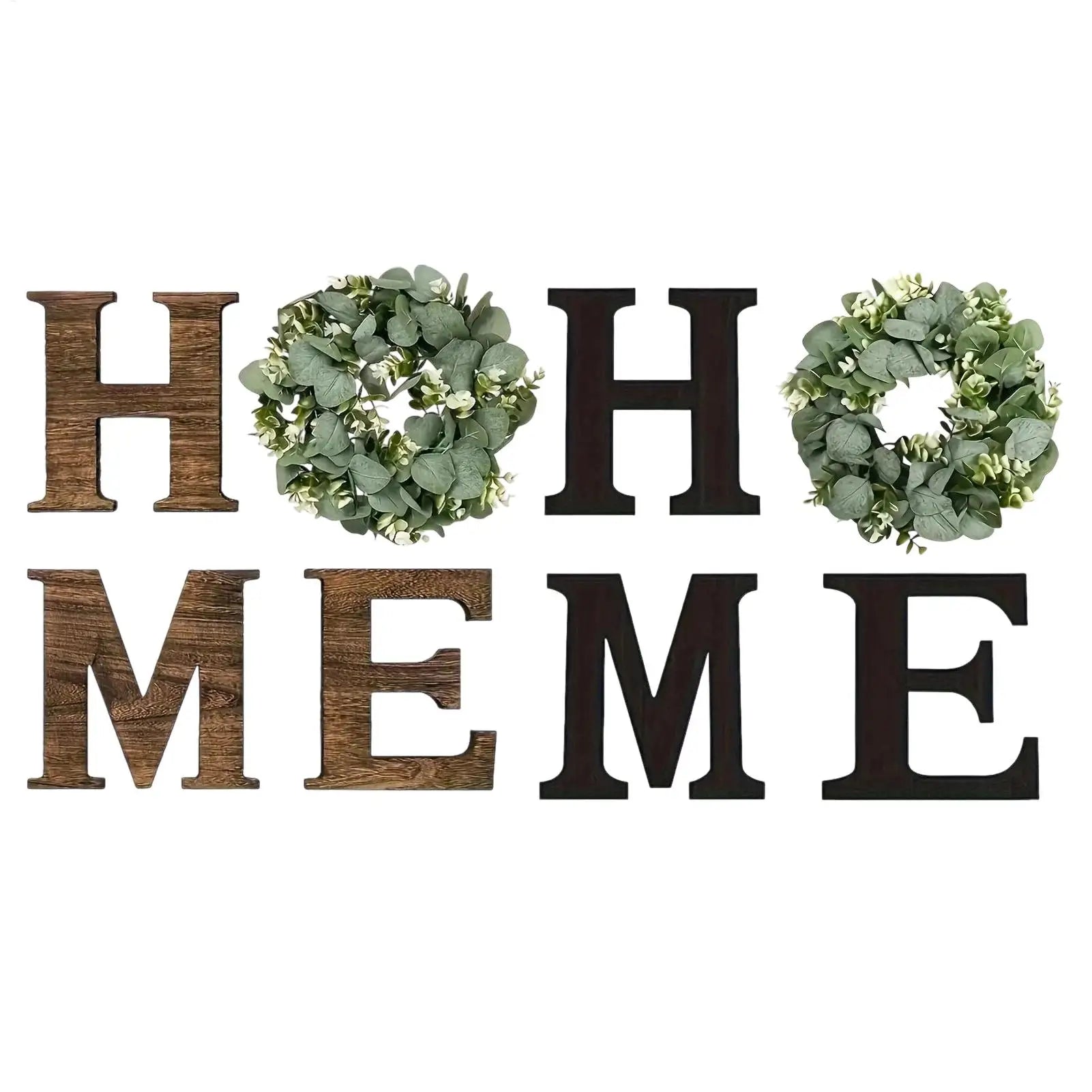 Wooden “HOME” Wall Sign with Faux Eucalyptus Wreath – Rustic Farmhouse Wall Decor for Kitchen & Living Room