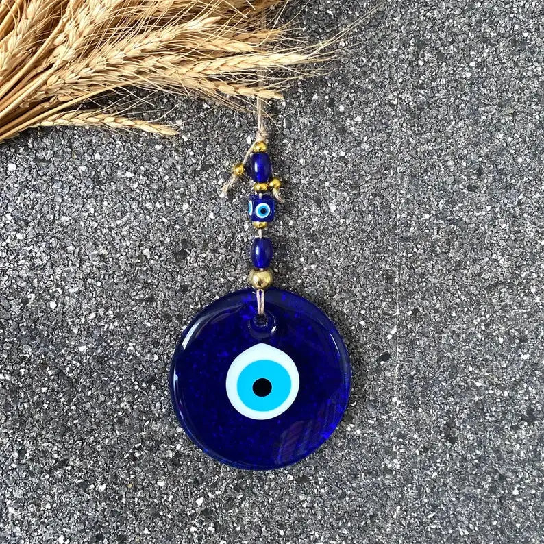 Blue Evil Eye Wall Hanging – Glass Nazar Boncuk Home Decor, Bohemian Greek Art