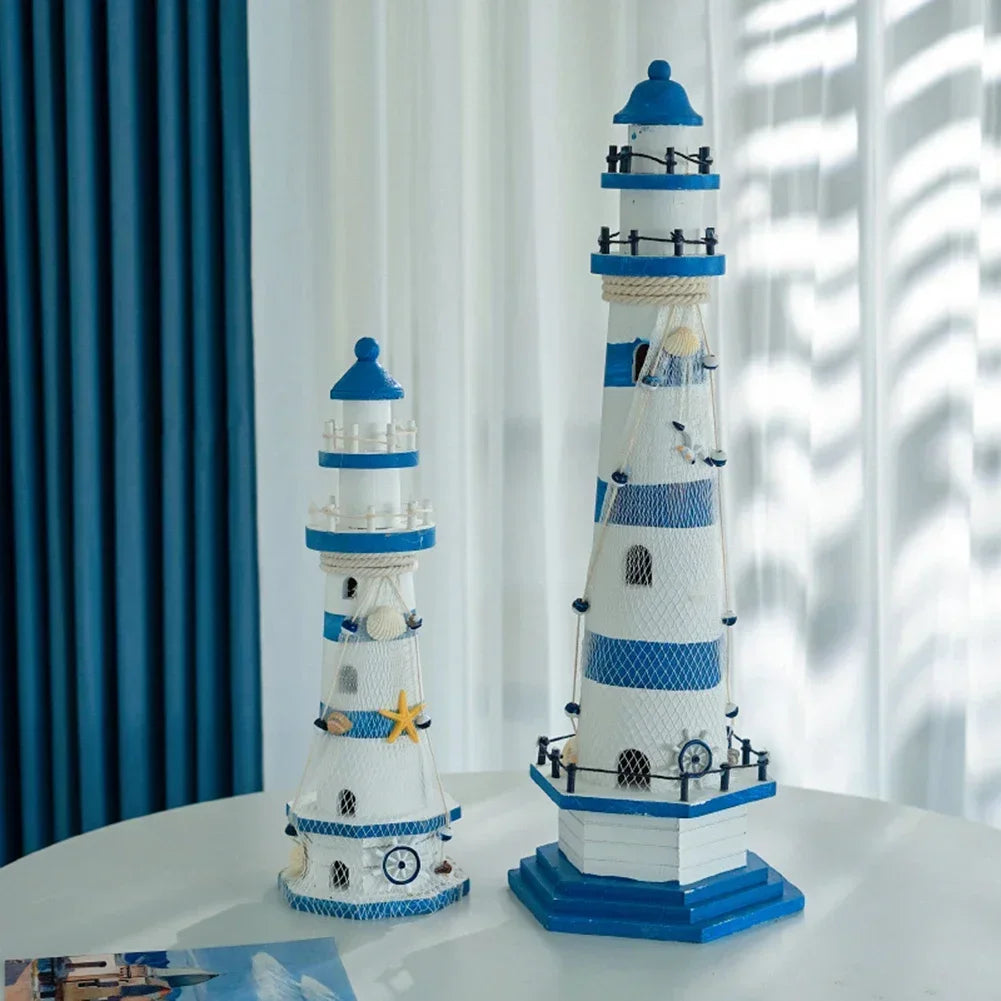 Mediterranean Wooden Lighthouse Decor – Creative Marine-Style Home Ornament & Nautical Gift for Kids and Living Rooms