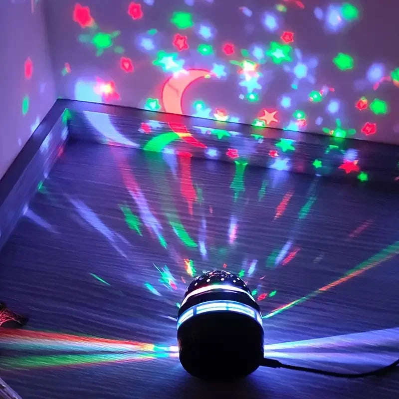 LED Starry Sky Projector Lamp – USB Rotating Night Light with Moon & Star Effects for Christmas & Home Room Decor
